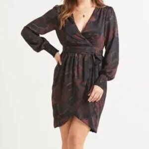 Allison Joy Sascha Faux Wrap Mini Dress Boho Long Sleeve Floral L